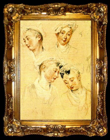 framed  WATTEAU, Antoine fyra huvudstudier av ung kvinna, ta009-2
